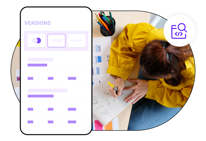 Someone coding on a laptop keyboard having a mobile app wireframe in the foreground with a coding icon
