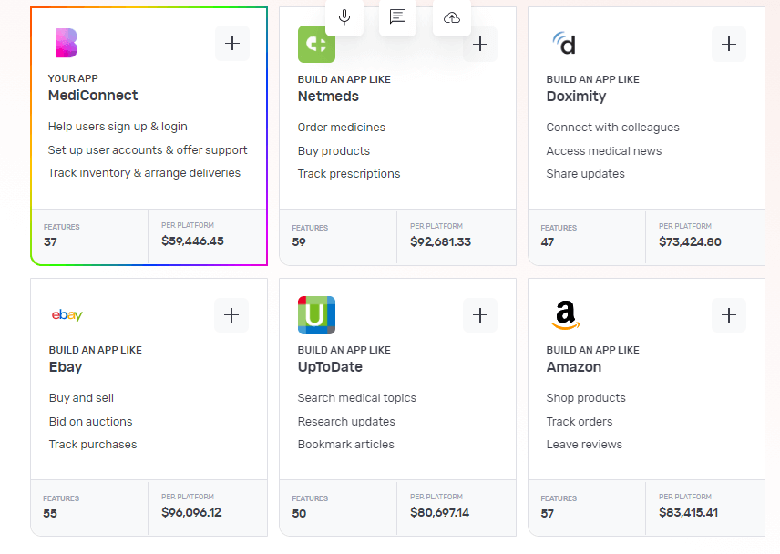 Builder Studio dashboard screen highlighting base templates to build a look-a-like app. The screen lists Mediconnect, Netmeds, Doximity, Ebay, UpToDate and Amazon as recommended base templates to build a medicine delivery app.